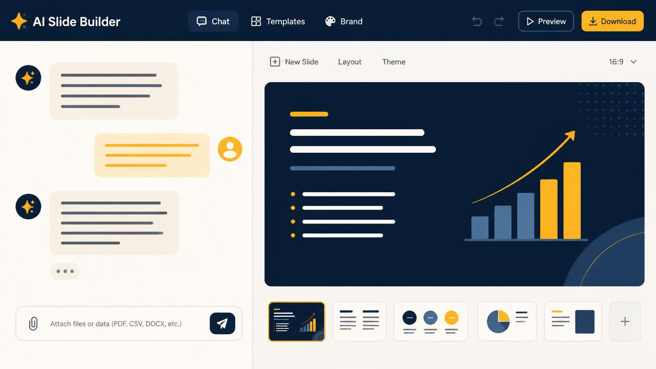 AI builder split screen: chat with an attachment bar on the left, live slide preview and slide thumbnails on the right