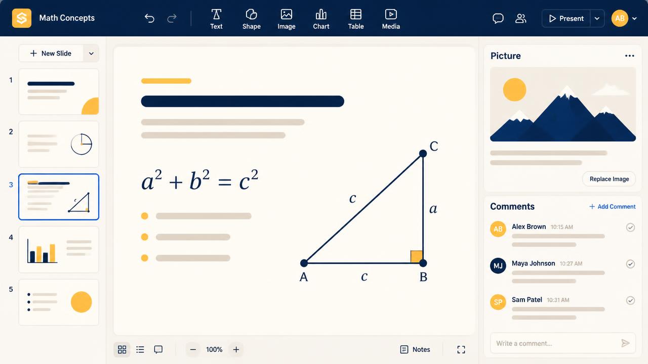 Deck editor with the slide rail on the left, a slide showing a formula and a diagram in the middle, and picture plus comments panels on the right