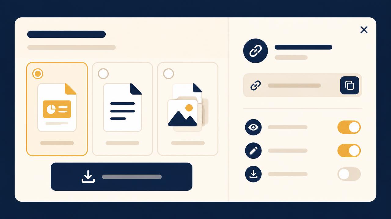 Export dialog showing PowerPoint, PDF and PNG options next to a share-link panel with permission toggles